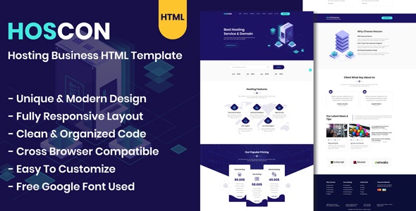 Hoscon web hosting HTML template preview showing responsive layout