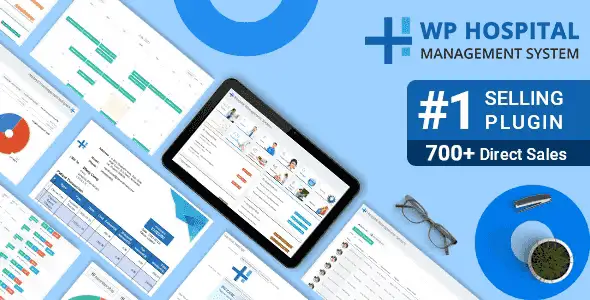 Hospital management system WordPress plugin dashboard with analytics and module overview