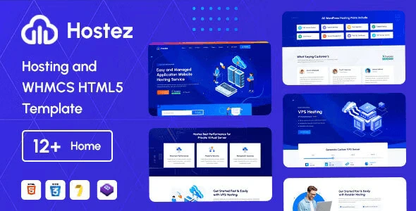 Hostez web hosting HTML template homepage preview showing WHMCS-integrated hosting plans, domain search, and pricing tables