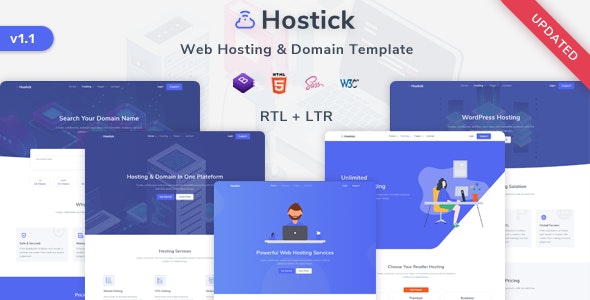 Hostick web hosting template preview showing responsive layout for server and cloud businesses