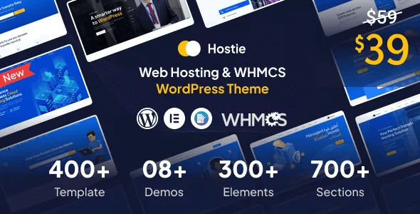 Hostie web hosting WordPress theme with WHMCS template and Elementor builder