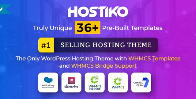 Hostiko WordPress hosting theme dashboard showing WHMCS integration, WPBakery page builder interface, and Revolution Slider preview