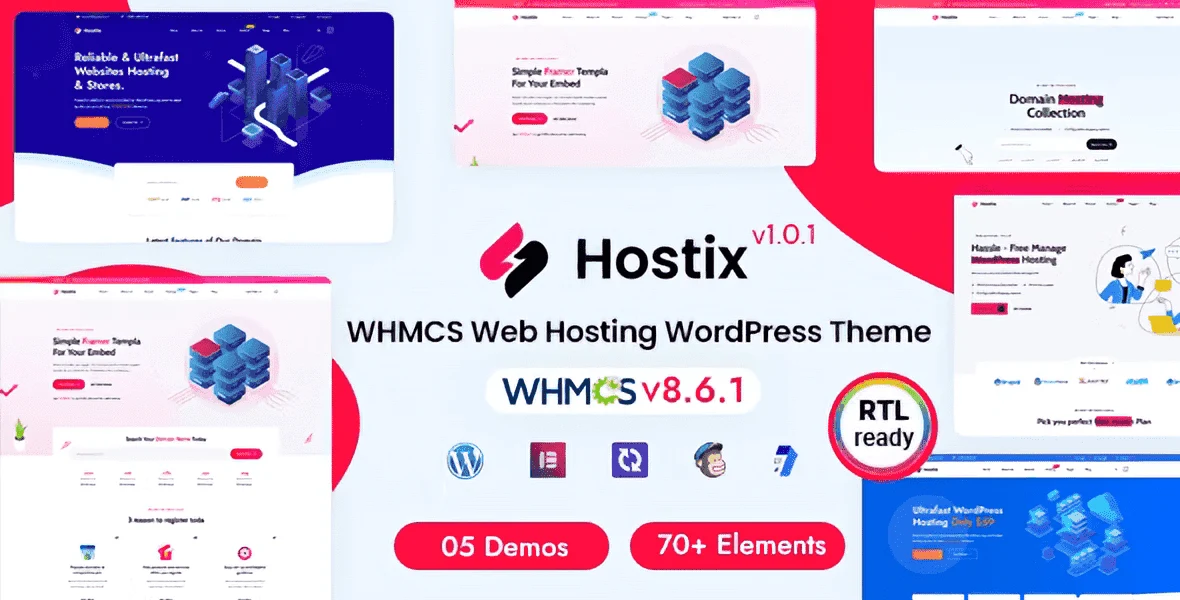 Hostix WHMCS WordPress theme showcasing a professional web hosting website layout
