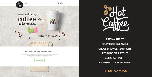 Hot Coffee cafe and restaurant HTML template preview with modern responsive design