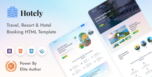 Hotely hotel booking HTML5 template preview showing homepage and room booking interface