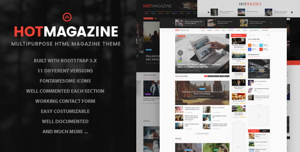 Hotmagazine news and magazine HTML template preview showing responsive layout