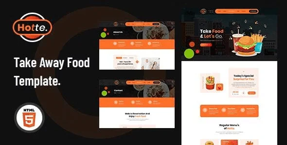 Hotte takeaway food HTML5 template homepage preview showing hero section, menu grid, and contact form on desktop and mobile