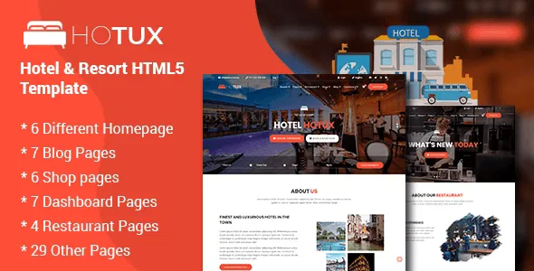 Hotux hotel and resort HTML5 template preview with creative slider and parallax design