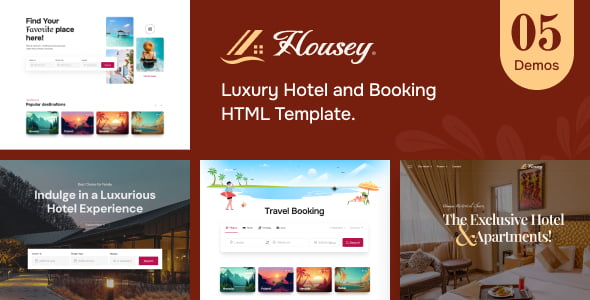 Housey hotel resort HTML template preview showing responsive booking website design with room listings, amenity showcase, and testimonial carousel