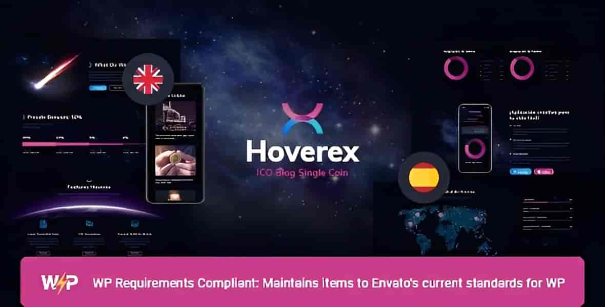 Hoverex cryptocurrency WordPress theme homepage showing ICO landing page demo with token sale countdown, team section, and Bitcoin payment integration