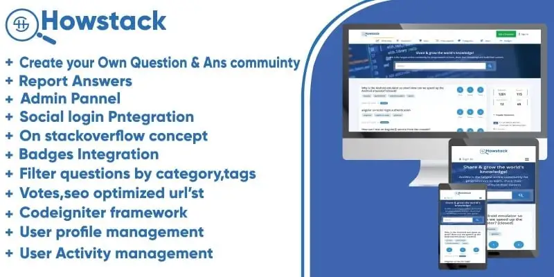 HowStack Q&A platform PHP script interface showing responsive Bootstrap layout with questions, answers, and user reputation badges