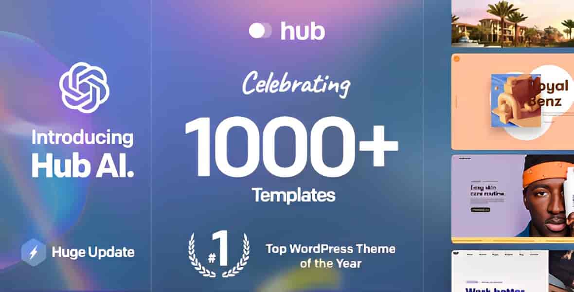 Hub multi-purpose WordPress theme visual builder dashboard with pre-built website templates