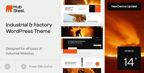 Hubsteel industrial WordPress theme homepage design for factory and manufacturing websites