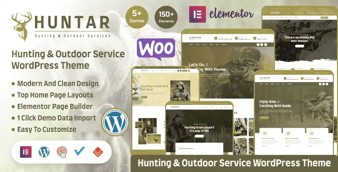 Huntar hunting and outdoor WordPress theme preview with Elementor page builder layout