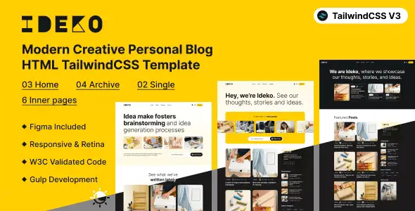 IDEKO modern TailwindCSS personal blog template preview showcasing clean creative design