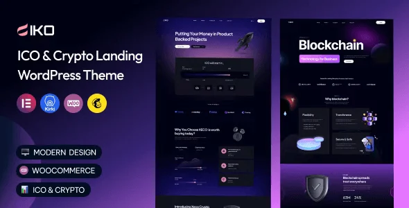 IKO ICO and cryptocurrency WordPress theme preview with Elementor page builder