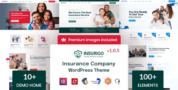 Insurigo insurance WordPress theme preview with Elementor page builder layout