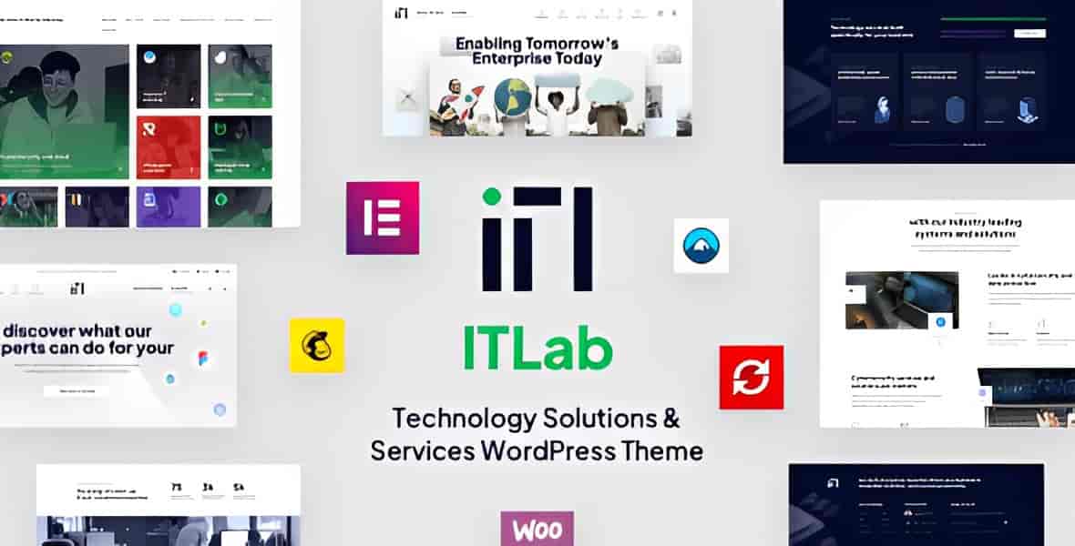 ITLab technology solutions WordPress theme preview with responsive design and Elementor page builder
