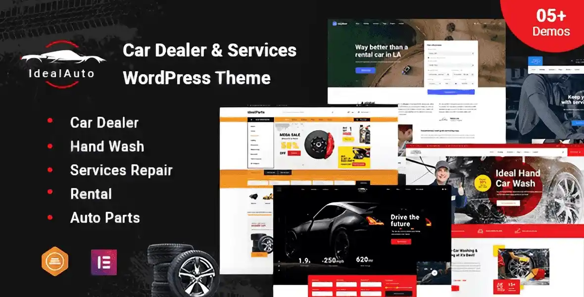 IdealAuto WordPress theme homepage showing car dealership layout with vehicle listings, service sections, and responsive design preview