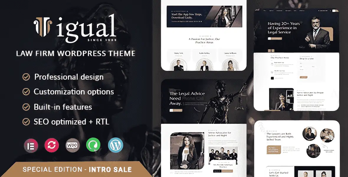 Igual law firm WordPress theme homepage preview showing attorney profiles, practice areas, and contact form