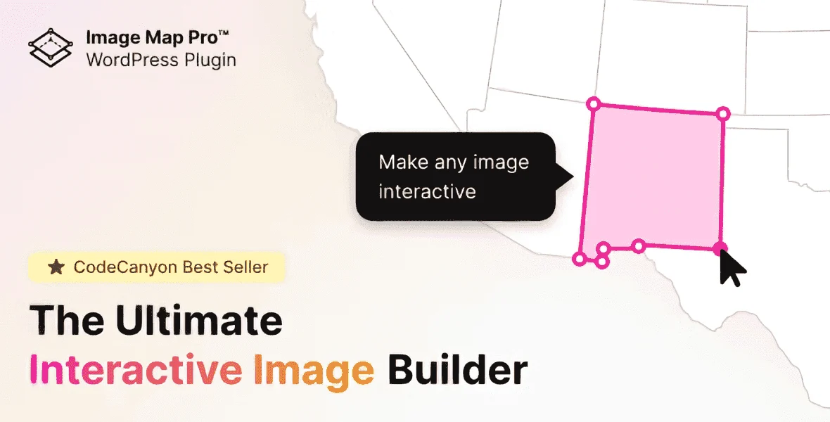 Image Map Pro WordPress plugin interface showing interactive image map builder with pins, SVG shapes, and polygon hotspots on a sample image