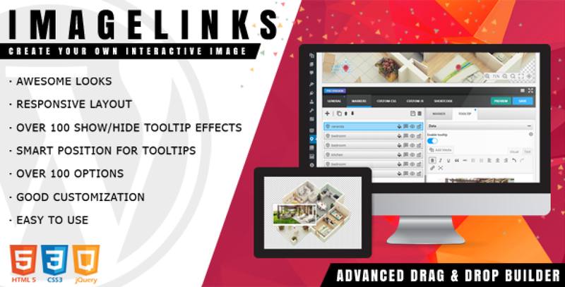 ImageLinks interactive image plugin for WordPress showing tagged image with rich media preview