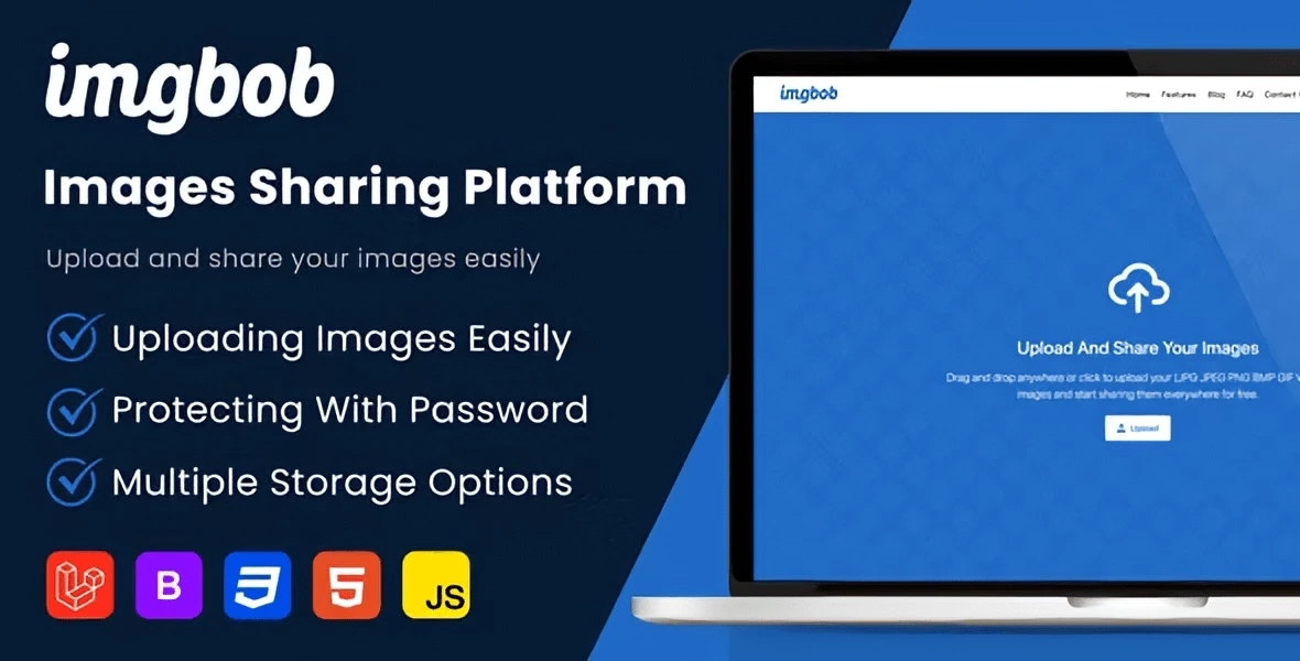 Imgbob image hosting PHP script interface showing drag-and-drop upload area with preview and shareable URL options