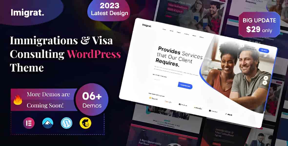 Imigrat WordPress theme homepage showing professional immigration consulting website design with Elementor builder