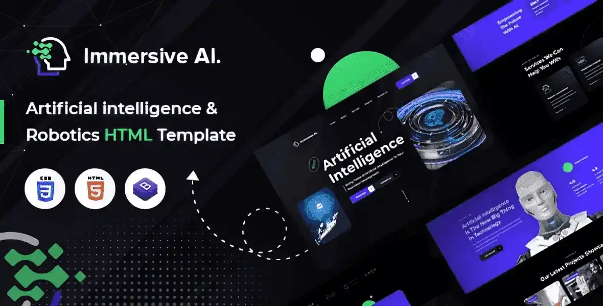 Immersive AI and Robotics HTML5 template homepage showing modern dark theme with Bootstrap layout