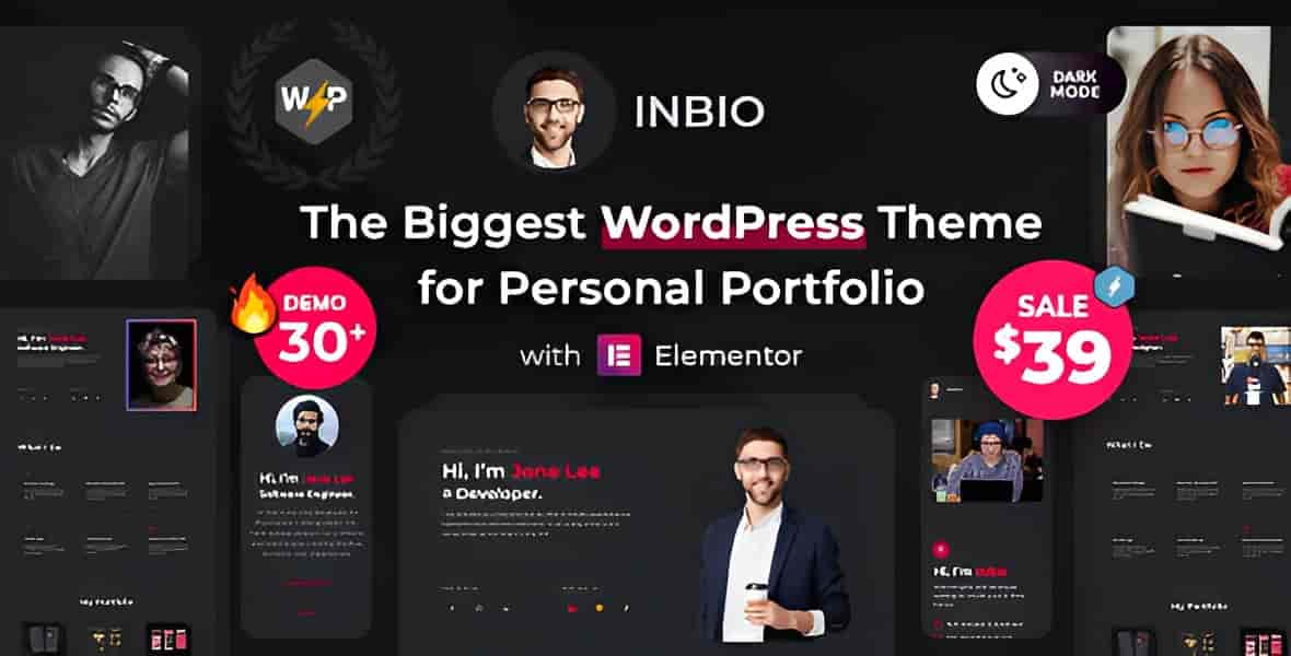 InBio personal portfolio WordPress theme homepage preview showing clean modern design with project grid and about section