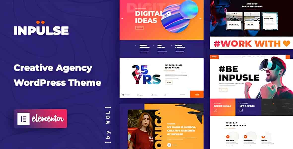 InPulse Creative Agency WordPress Theme homepage preview showing modern portfolio layout with header builder