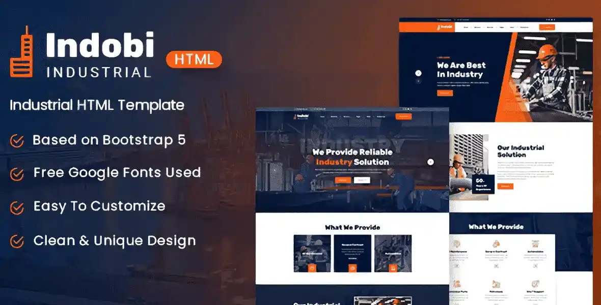 Indobi industrial HTML template layout for manufacturing and factory websites