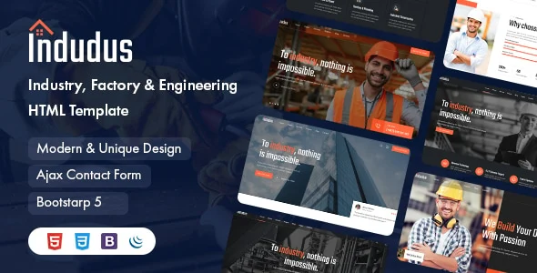 Indudus industrial HTML template homepage preview showing factory hero section, services grid, and project portfolio layout