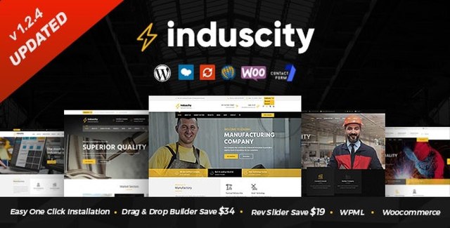 Induscity industrial WordPress theme homepage demo showcasing manufacturing and construction website design