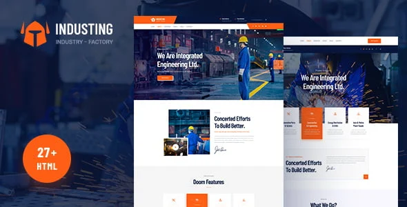 Industing industrial HTML5 website template preview showing responsive layout for manufacturing and construction businesses