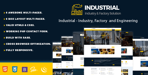 Industrial HTML template preview showing responsive factory and engineering website layouts