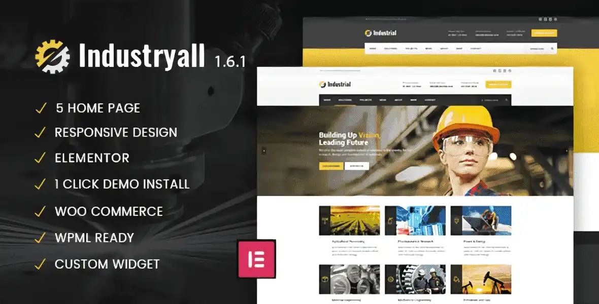 Industryall industrial WordPress theme preview for manufacturing and factory businesses