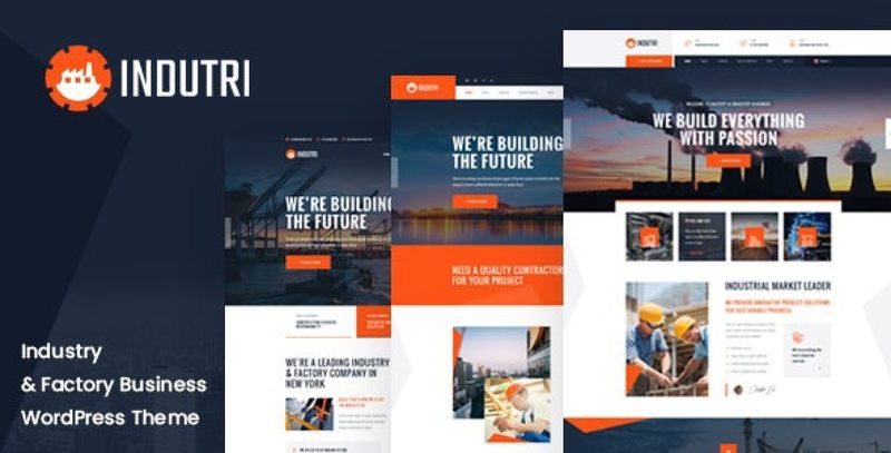 Indutri industrial WordPress theme preview showcasing factory and engineering website layout