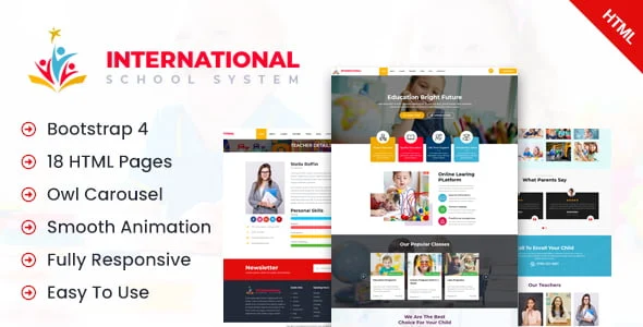 International School responsive HTML template homepage preview for education websites