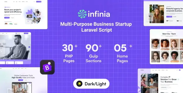 Infinia multipurpose Laravel PHP script dashboard preview showing responsive Bootstrap 5 business website template