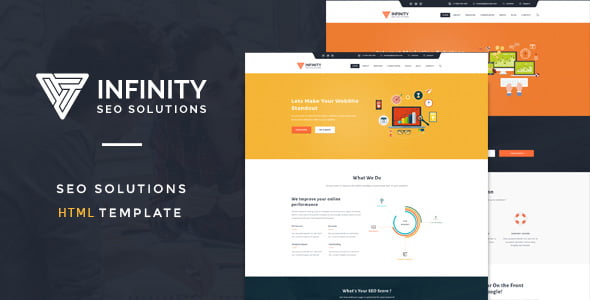 Infinity HTML SEO template preview showing responsive Bootstrap layout on desktop and mobile devices
