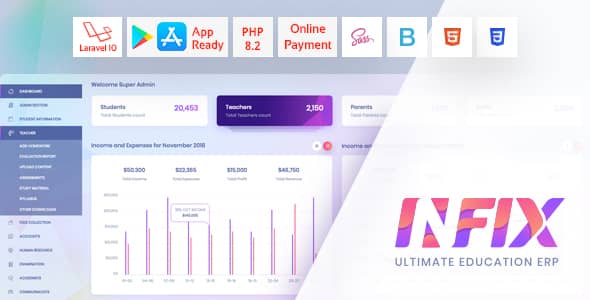 InfixEdu school management system PHP script dashboard interface