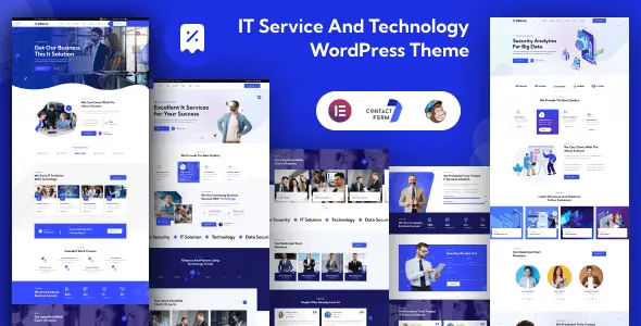 Infotek IT Service WordPress Theme homepage preview showing modern technology business layout with Elementor editor