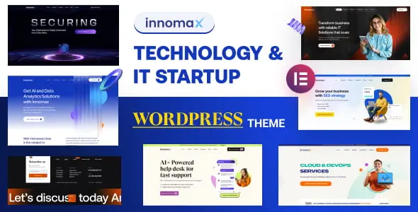 Innomax technology startup WordPress theme homepage preview showing modern SaaS design with Elementor builder interface