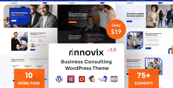 Innovix business consulting WordPress theme homepage demo built with Elementor
