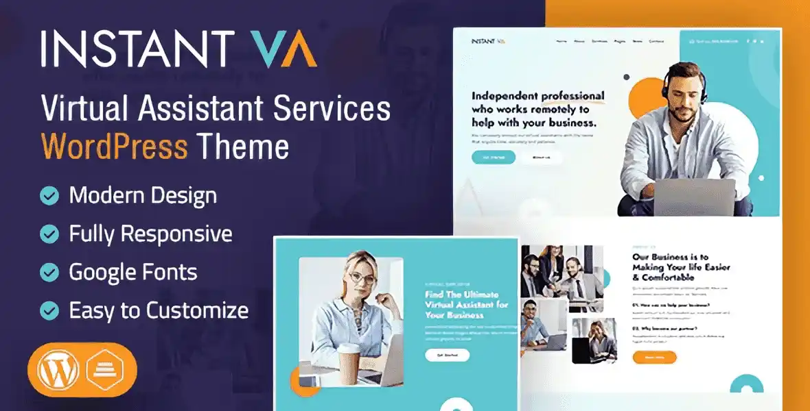 Instant VA virtual assistant WordPress theme homepage preview with Elementor design