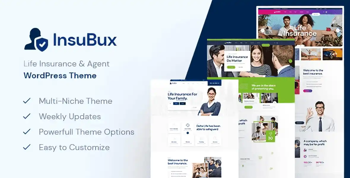 Insubux insurance WordPress theme homepage preview with Elementor page builder layout