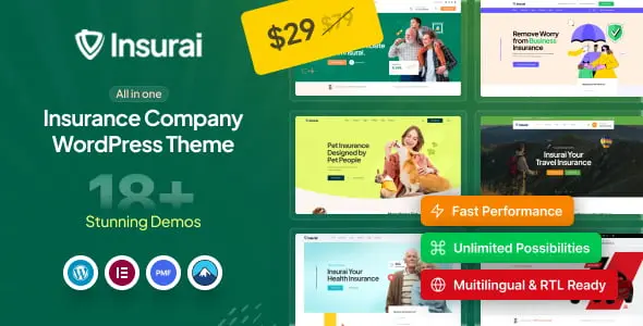 Insurai insurance WordPress theme homepage template with Elementor widgets and professional agency design layout