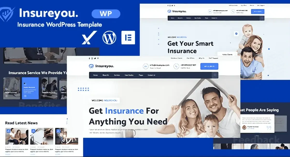 Insureyou insurance WordPress theme homepage preview with Elementor PRO layout
