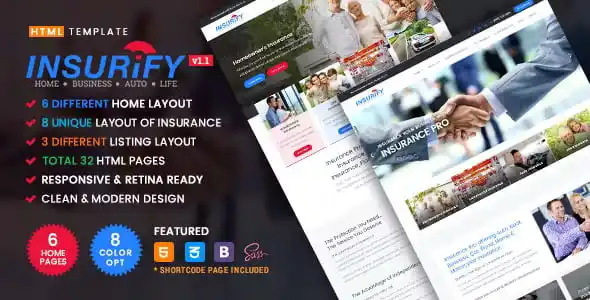 Insurify insurance agency HTML template homepage preview showing a clean responsive design